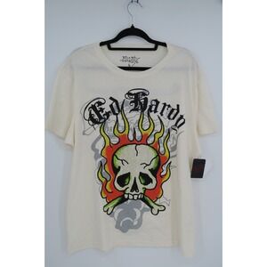 Ed Hardy Mens Cream Graphic Skull Flames T Shirt Size L NEW
